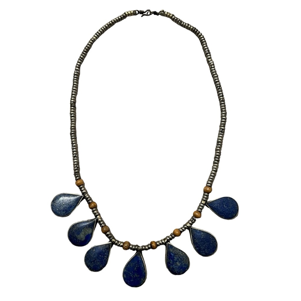 Blue Teardrop Stone Silver 9” Necklace with Beading